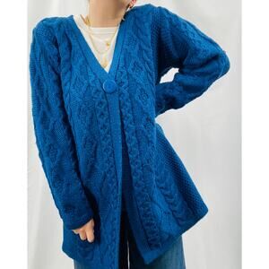 Arancrafts L blue 100% wool cable knit single button long cardigan sweater
